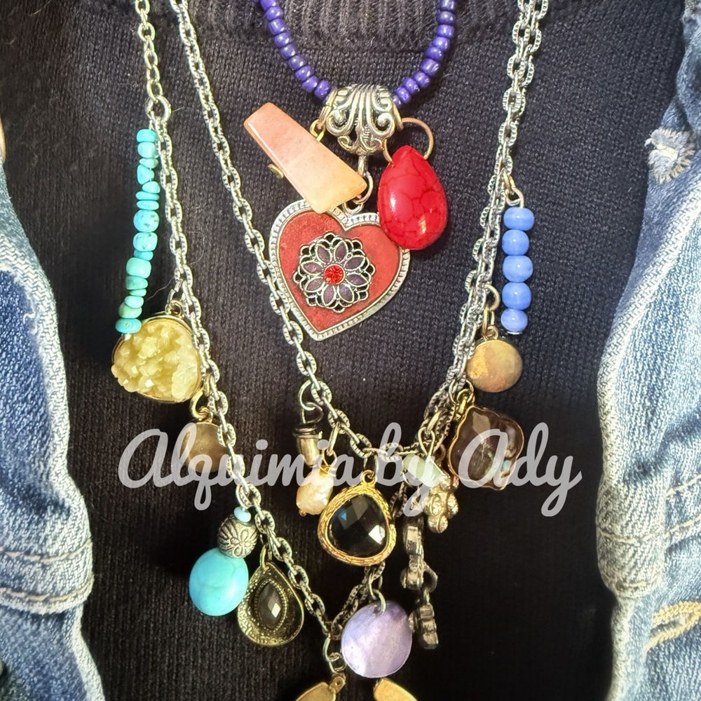 Gitana Charm Story Necklace • Mixed Metals & Sandstone • Boho Talisman - Picture 4 of 5